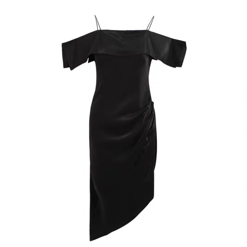 Cold Shoulder Flutter Sleeve Asymmetric Midi Dress